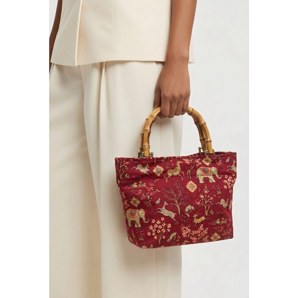 Vintage Romag Tapestry  Handbag With Natural Bamboo Top Handle Animal Print